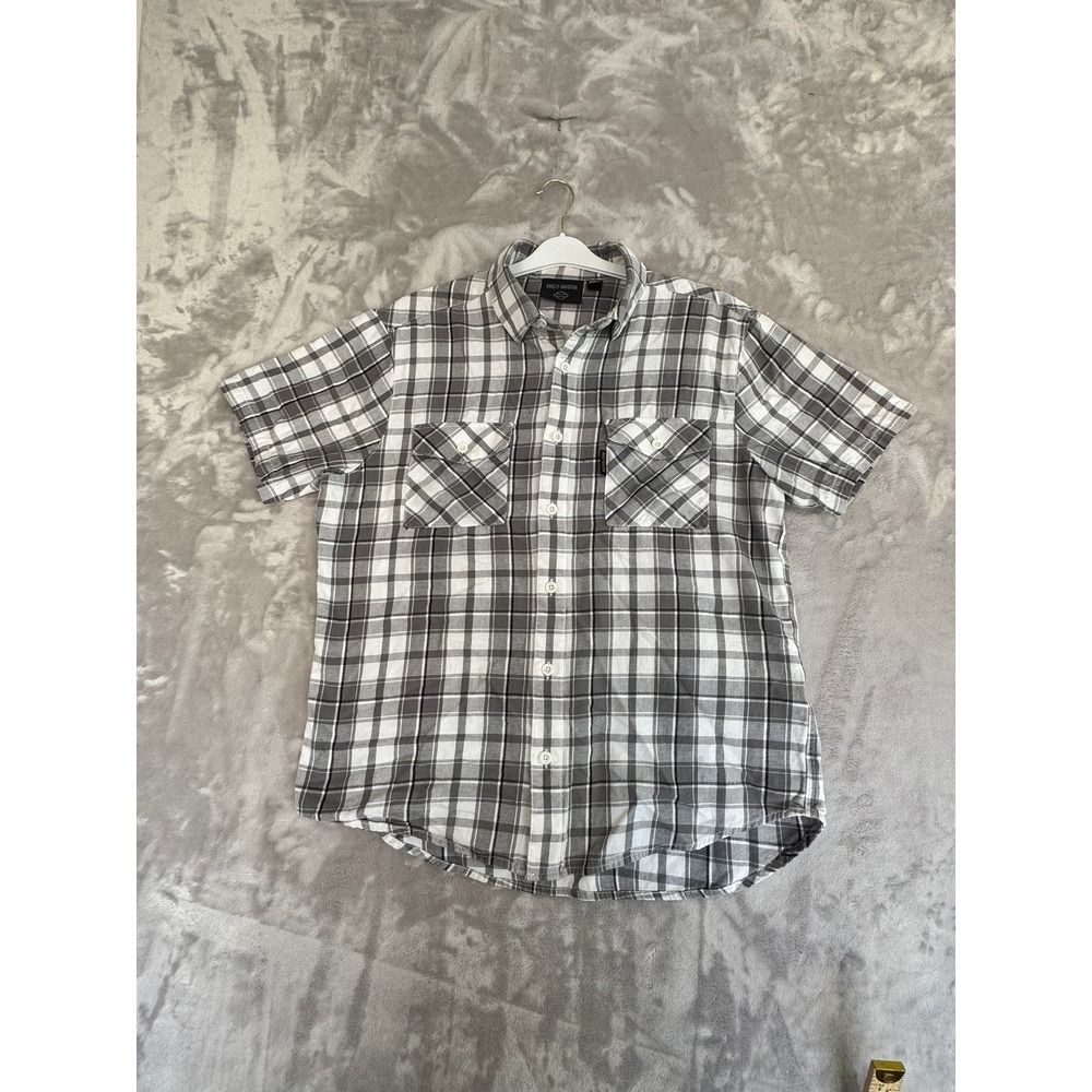 Harley Davidson Men's Short Sleeve Plaid Button Down‎ Shirt L 100 Cotton